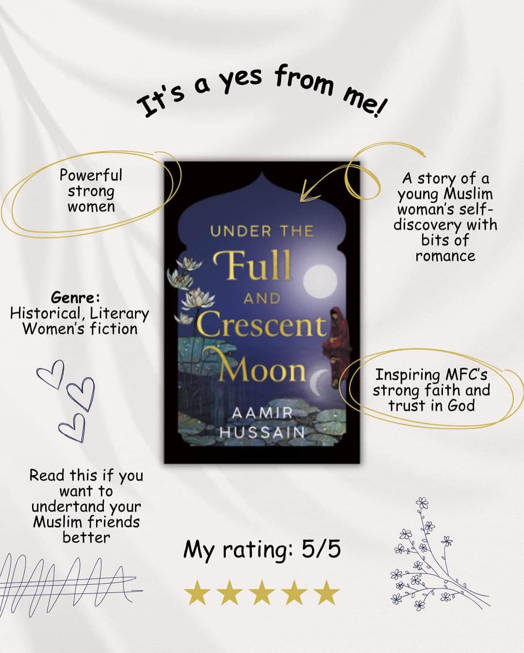 Social Media splash page showing the novel "Under The Full and Crescent Moon" with captions describing the novel including "Powerful strong women" "A story of a young Muslim woman's self-discovery with bits of romance". "Inspiring MFC's strong faith and trust in God". "Read this if you want to understand your Muslim friends better" "Genre: Historical, Literary Women's Fiction" "It's a yes from me!" "My rating: 5/5